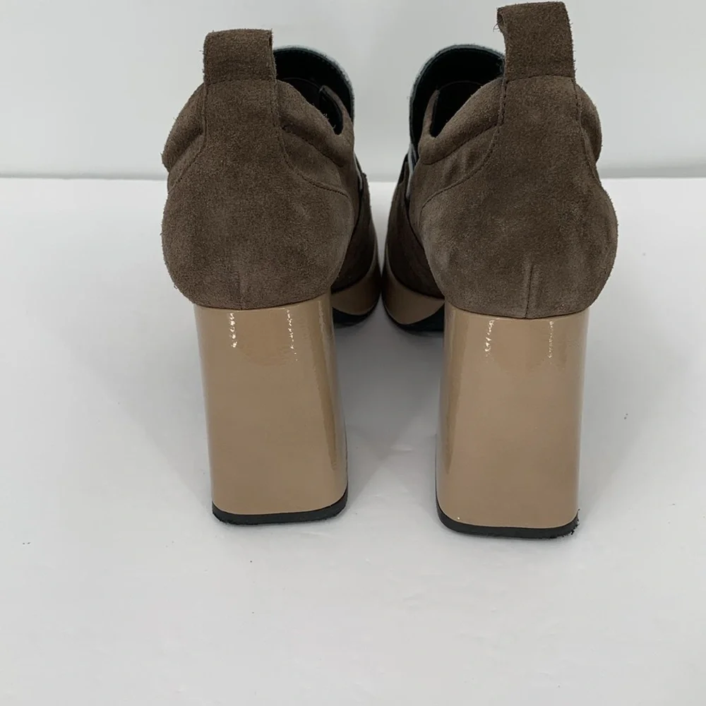 Casta Josh chunky platform loafers brown suede tan patent shoe pewter oval 40 9